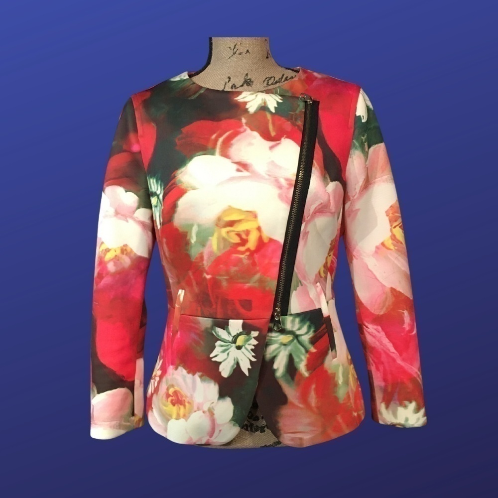 TED BAKER LONDON Neoprene Moto Jacket, PINK FLORAL, Size TB2/ US 6, EUC